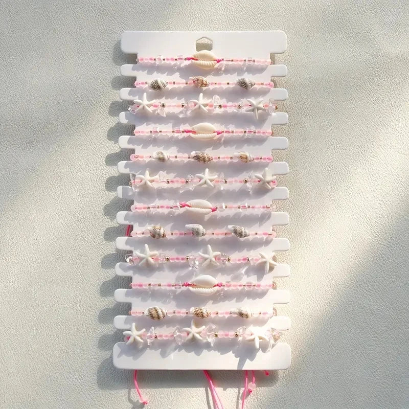 Ensemble 12 Bracelets Tressés Main Roses Coquillages – Ajustables Plage