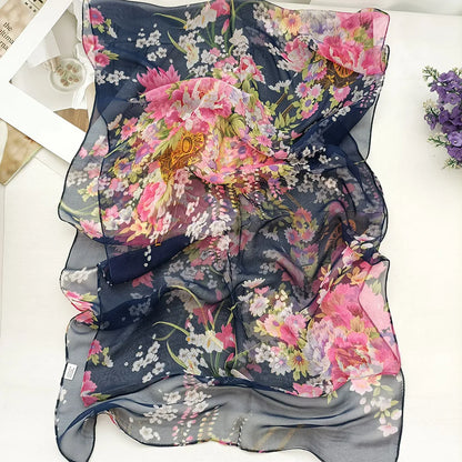 Foulard Écharpe Mousseline Georgette Femme Fleur Prune - Bandana Été Léger Respirant