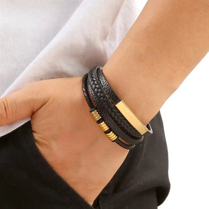 Bracelet en Cuir Tissé Main Multi-Couches pour Homme - Combinaison Classique Punk