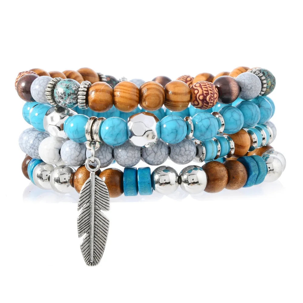 Bracelet Homme Multi-Rangs Turquoise et Feuilles - Pierres Naturelles Vintage