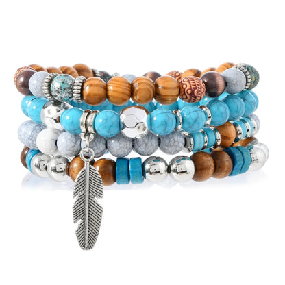 Bracelet Homme Multi-Rangs Turquoise et Feuilles - Pierres Naturelles Vintage