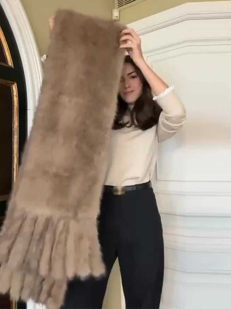 Faux Fur Scarf with Pom-poms - Long Thick Scarf for Women