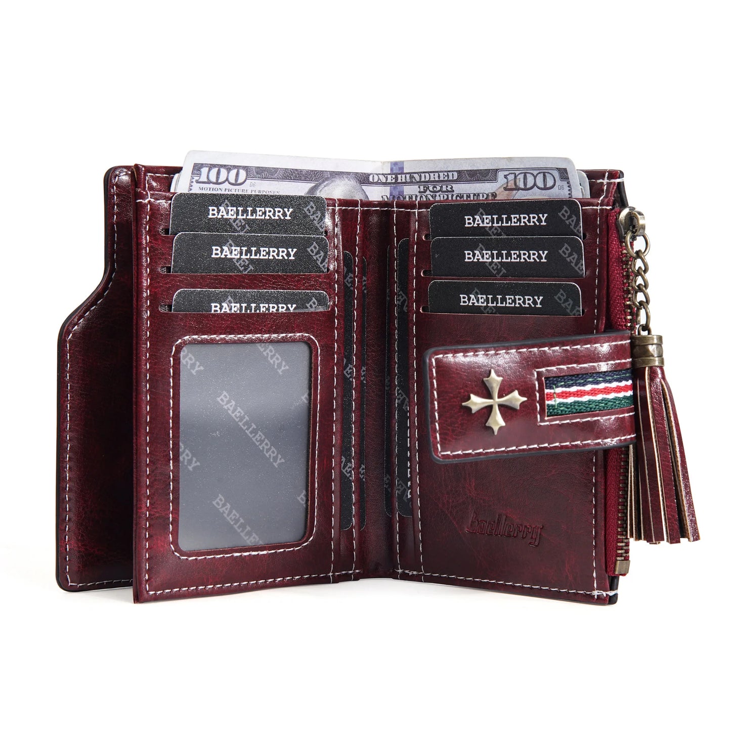 Portefeuille Femme Cuir Ciré Glands - Porte-Monnaie Tri-Fold Multi-Fentes Fermeture Éclair