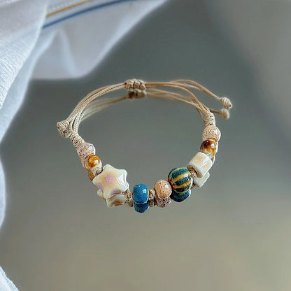 Bracelet Perles Céramique Jingdezhen Étoile Ethnique Rétro – Charm Corde Amitié Femme