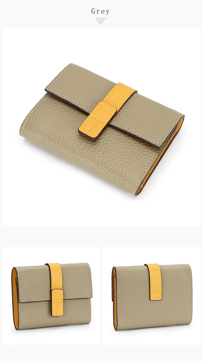 Portefeuille Femme Court Cuir Véritable Trifold - Porte-Monnaie Zippé Grande Capacité Contraste Marron