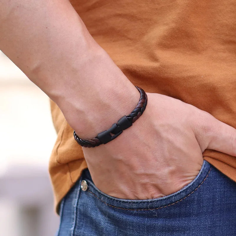 Bracelet Cuir Tressé Homme — Style Vintage, Fait Main, Fermoir Easy-Hook