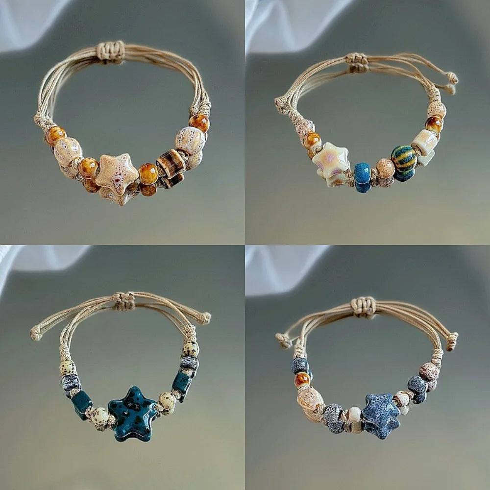 Bracelet Perles Céramique Jingdezhen Étoile Ethnique Rétro – Charm Corde Amitié Femme
