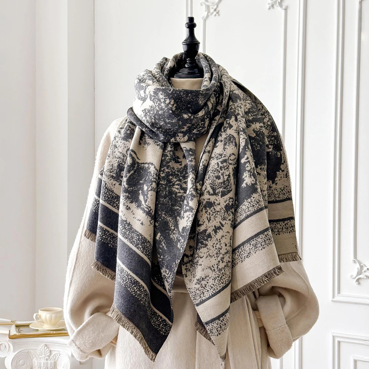Foulard Écharpe Cachemire Luxe Femme Hiver - Châle Pashmina Rayé Imprimé Poncho Franges