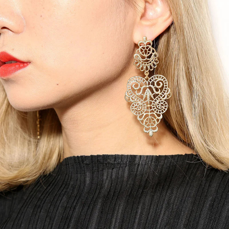Boucles d'Oreilles Pendantes Feuilles Fleurs Ajourées - Statement Bohème Exagéré