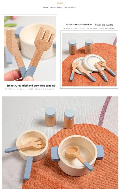 Cuisine Jouet en Bois Bleu - Set Chef Complet Casseroles et Aliments pour Jeu de Rôle 3-6 Ans
