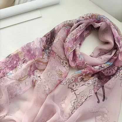 Foulard Écharpe Mousseline Georgette Femme Fleur Prune - Bandana Été Léger Respirant