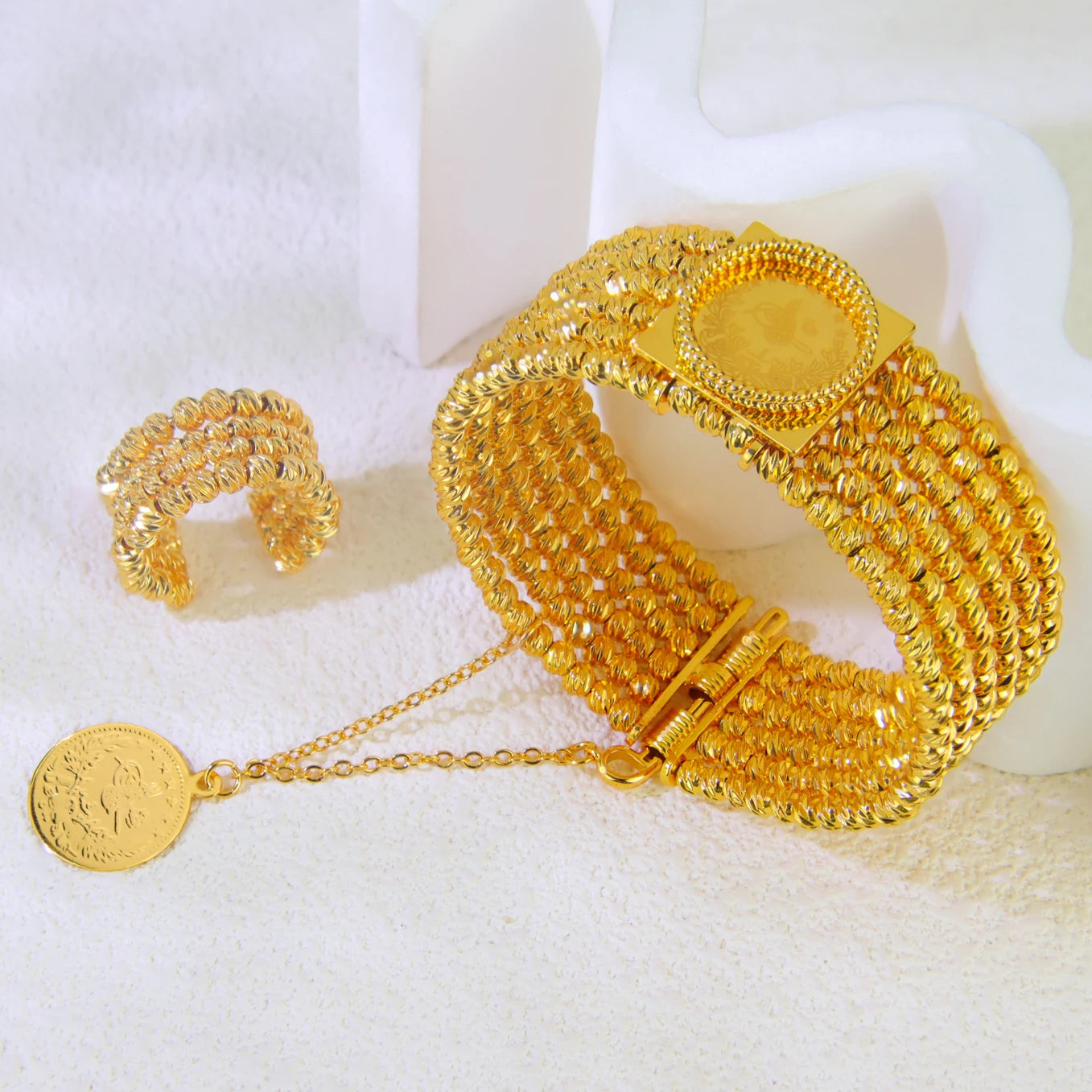 Ensemble Bracelet Bague Perles Dubai Mariage Plaqué Or 24K Luxe – Bangles Ajustables Mariée Arabe Femme