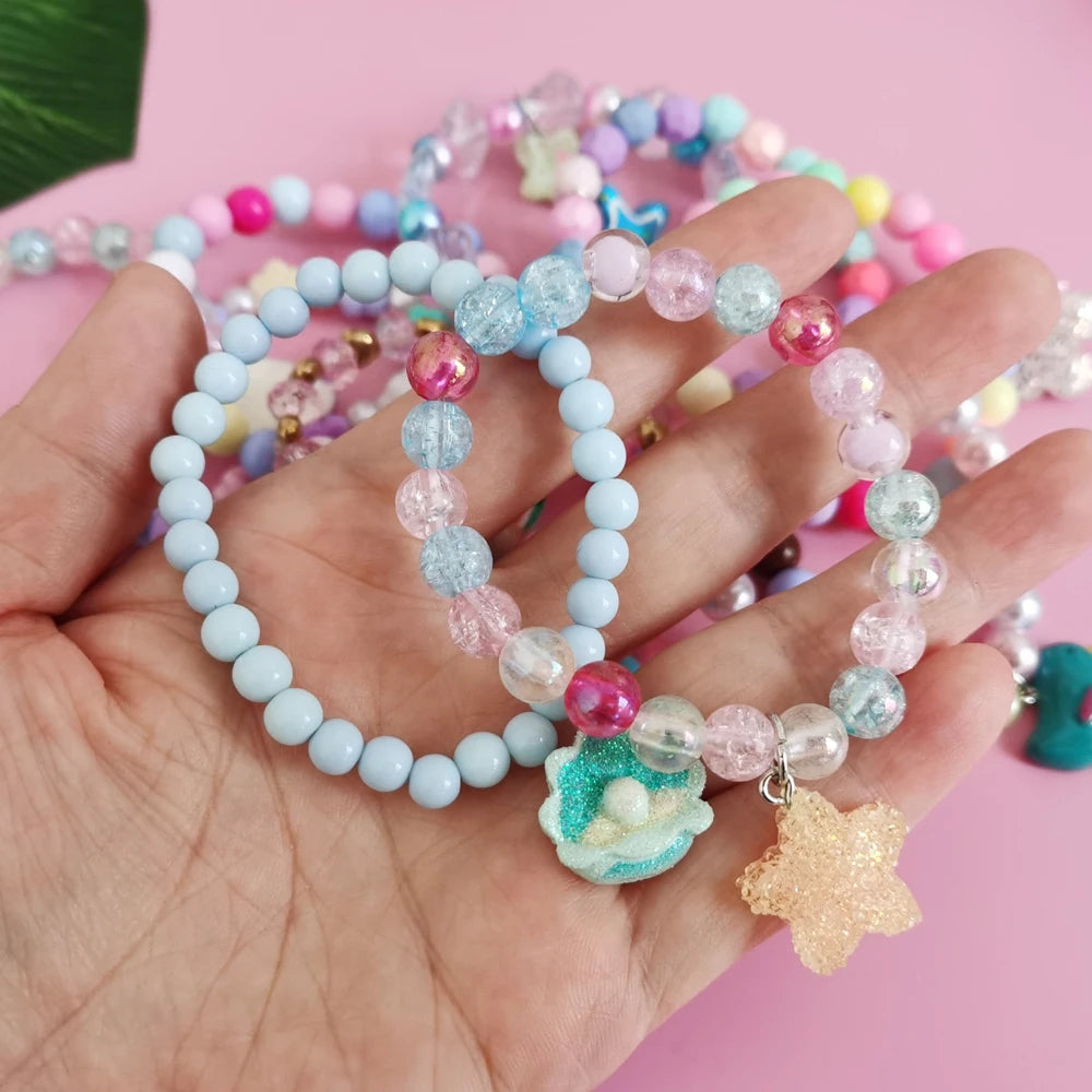 Ensemble 5 Bracelets Perles Licorne Cartoon Cœur Étoile – Élastique Candy Coloré Filles