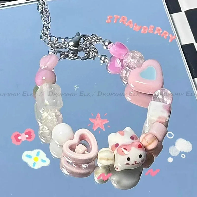 Bracelet Perles Chat Noir Cartoon Cœur Étoiles Strass – Charm Mignon Tendance Femme