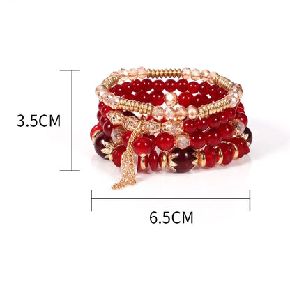 Set de 4 Bracelets Bohèmes Perles Verre Colorées - Pompons et Charms