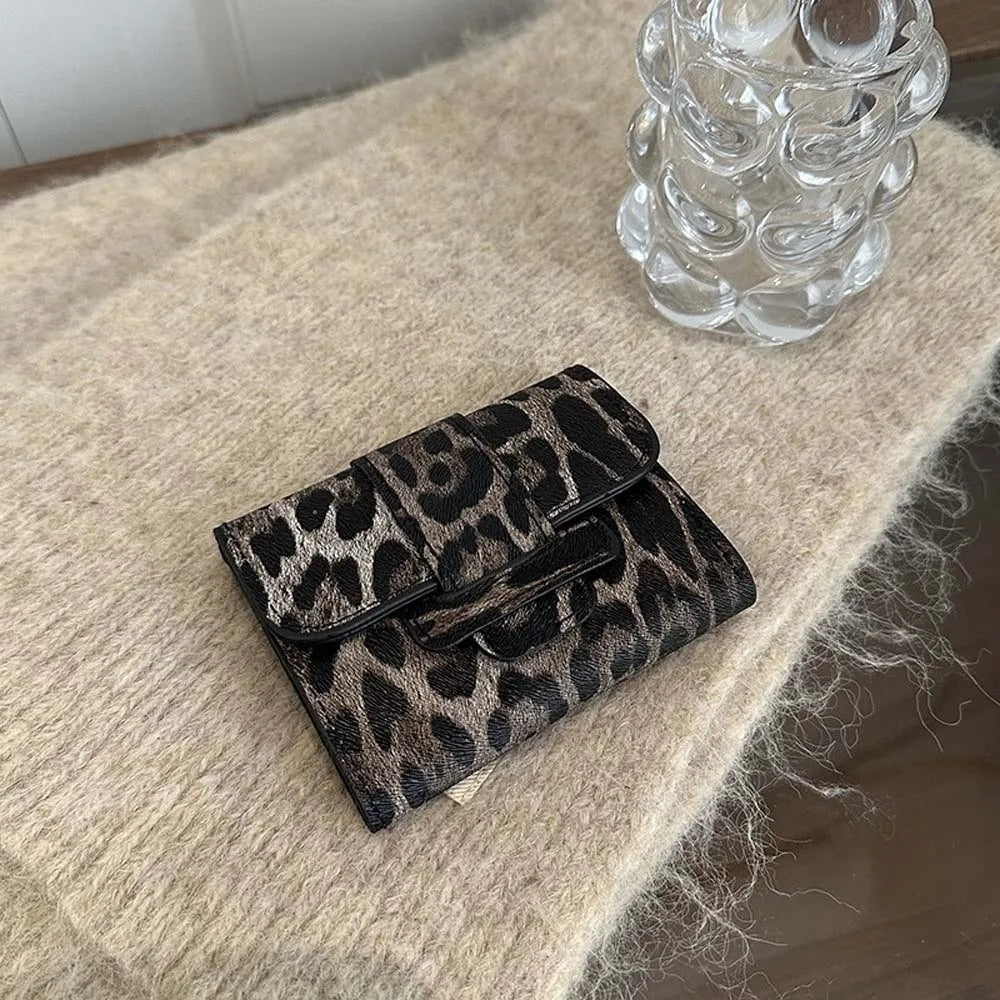 Portefeuille Femme Court Imprimé Léopard PU - Porte-Monnaie Carré Multi-Cartes Style Coréen Tendance