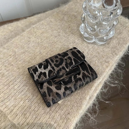 Portefeuille Femme Court Imprimé Léopard PU - Porte-Monnaie Carré Multi-Cartes Style Coréen Tendance