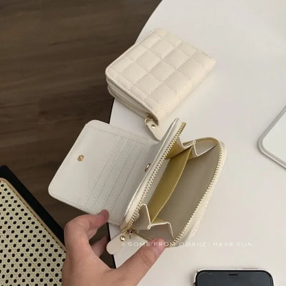 Portefeuille Court Femme Cuir PU à Carreaux - Petit Porte-Cartes avec Zip et Porte-Monnaie