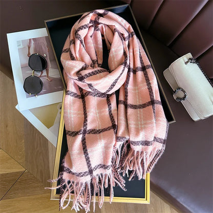 Women's Cashmere Scarf - Warm Checkered Shawl for Winter