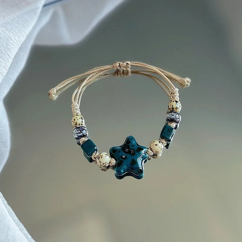 Bracelet Perles Céramique Jingdezhen Étoile Ethnique Rétro – Charm Corde Amitié Femme