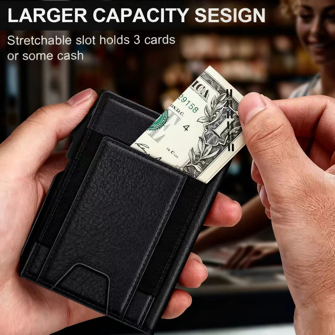 Portefeuille Homme Cuir Noir Slim Bifold RFID - Porte-Carte Pop-Up Métal Blocage Anti-RFID Minimaliste