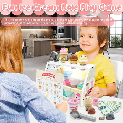 Comptoir de Crème Glacée en Bois - Jouet Montessori 40+ Pièces avec Monnaie pour Enfants 3-6 Ans