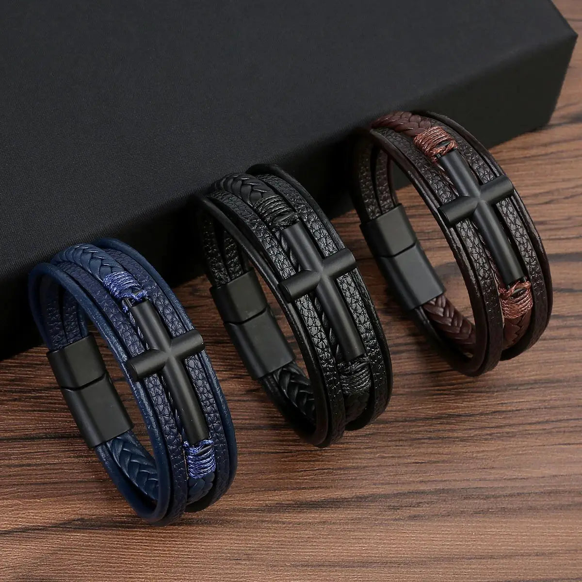 Bracelet Cuir Tressé Multicouche Punk – Boucle Magnétique Croix Homme