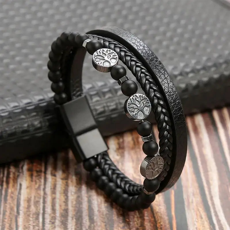 Bracelet en Cuir Tissé Main Multi-Couches pour Homme - Combinaison Classique Punk