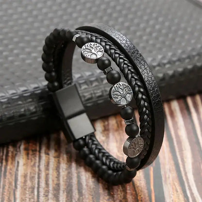 Bracelet en Cuir Tissé Main Multi-Couches pour Homme - Combinaison Classique Punk