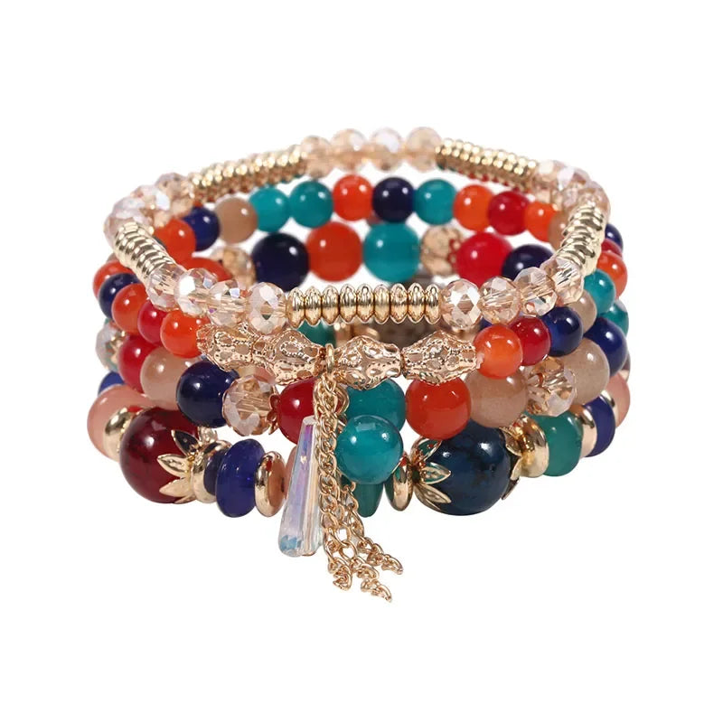 Set de 4 Bracelets Bohèmes Perles Verre Colorées - Pompons et Charms
