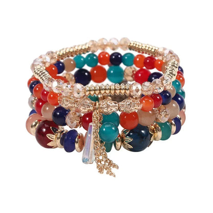 Set de 4 Bracelets Bohèmes Perles Verre Colorées - Pompons et Charms