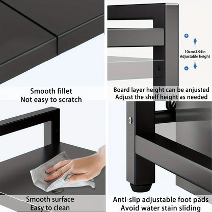 Étagère Extensible pour Micro-Ondes 40-64cm avec 6 Crochets - Rangement Cuisine 3 Niveaux