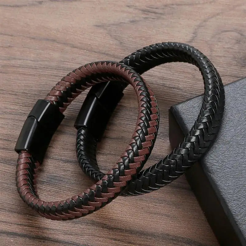 Bracelet Cuir Tressé Main Homme – Boucle Magnétique Classique Cadeau Couple