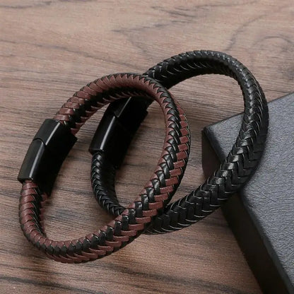 Bracelet Cuir Tressé Main Homme – Boucle Magnétique Classique Cadeau Couple