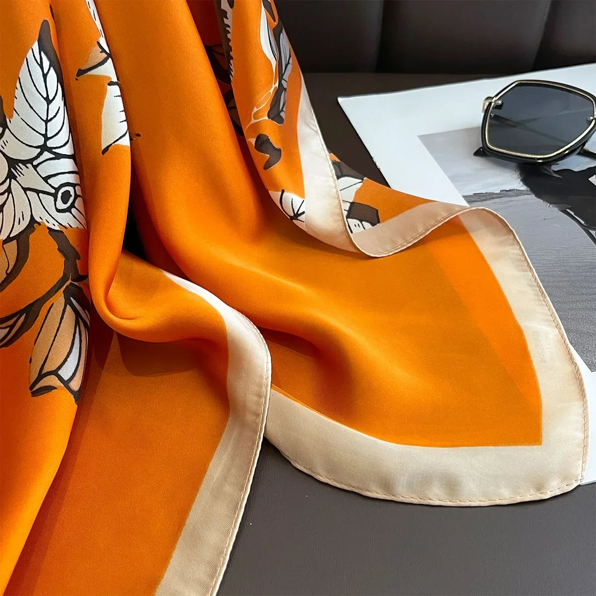 Foulard Carré Soie Satin Imprimé Floral 70x70cm - Neckerchief Bandana Headband Femme