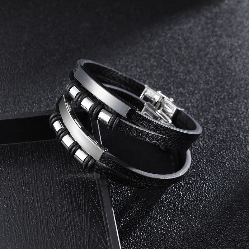 Bracelet Enroulé en Cuir pour Homme avec Charm en Acier Inoxydable