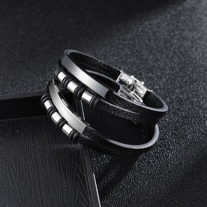 Bracelet Enroulé en Cuir pour Homme avec Charm en Acier Inoxydable