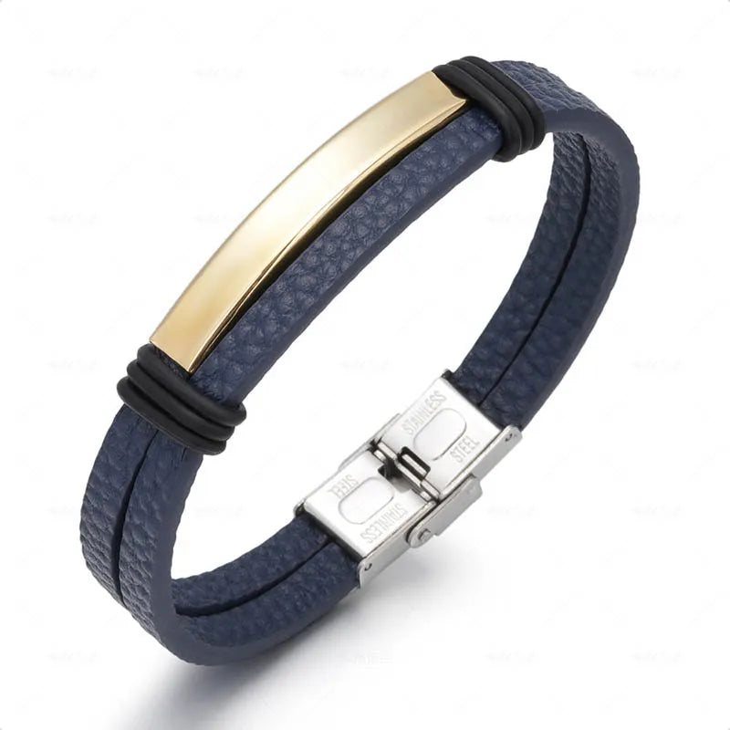 Bracelet Enroulé en Cuir pour Homme avec Charm en Acier Inoxydable