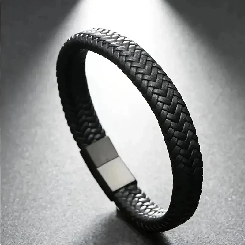 Bracelet Cuir PU Noir Magnétique Homme – Maturité & Élégance Masculine