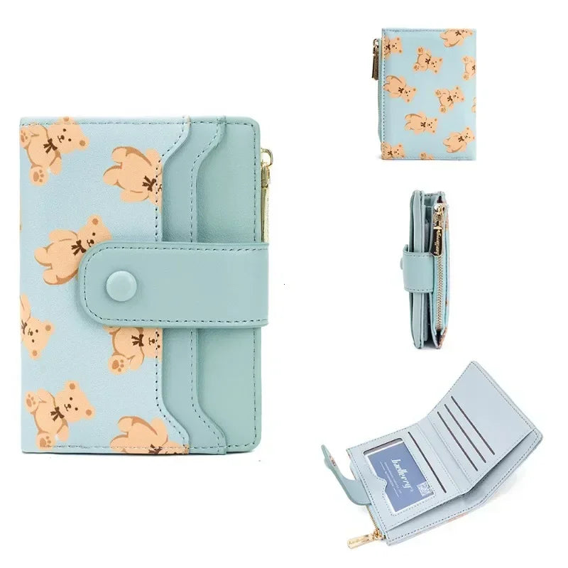 Portefeuille Femme Court Ourson Mignon - Bifold Cuir PU Porte-Cartes Zipper Bleu