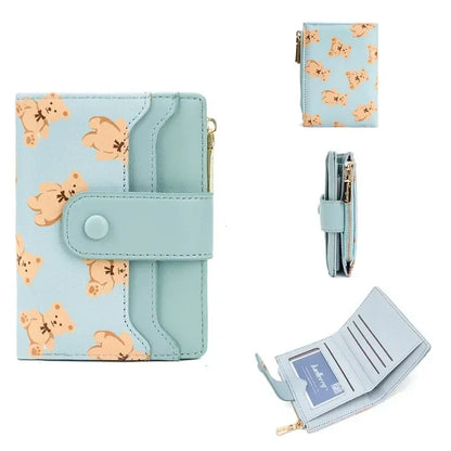 Portefeuille Femme Court Ourson Mignon - Bifold Cuir PU Porte-Cartes Zipper Bleu