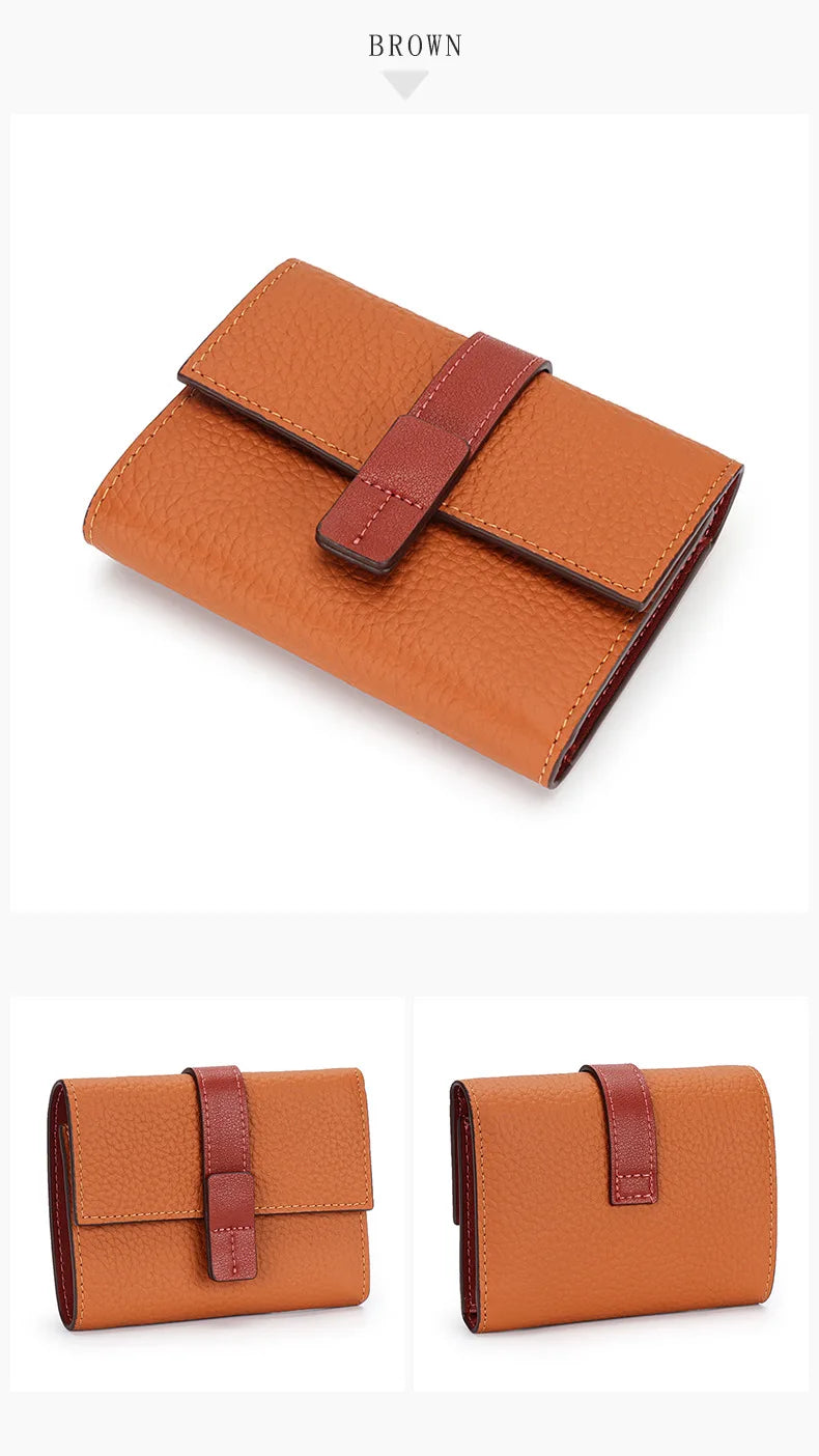 Portefeuille Femme Court Cuir Véritable Trifold - Porte-Monnaie Zippé Grande Capacité Contraste Marron