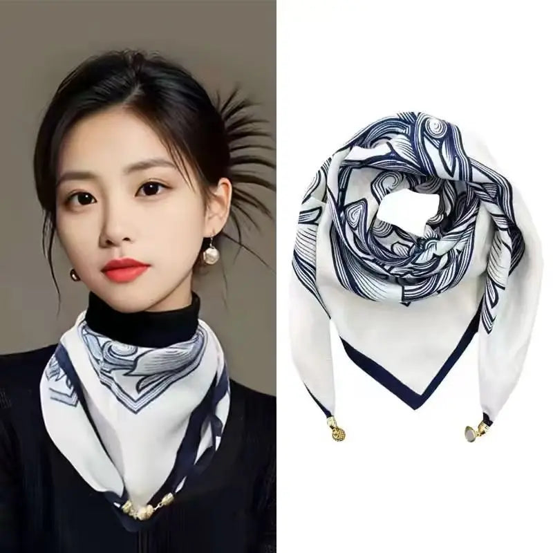 Luxury Square Scarf with Magnetic Buckle for Women - Silk Triangle Cross Scarf