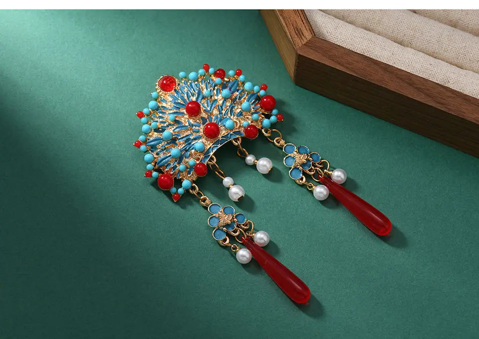 Broche Tiare Mariée Style Chinois - Ornement Luxe Pendants Couleurs Mixées