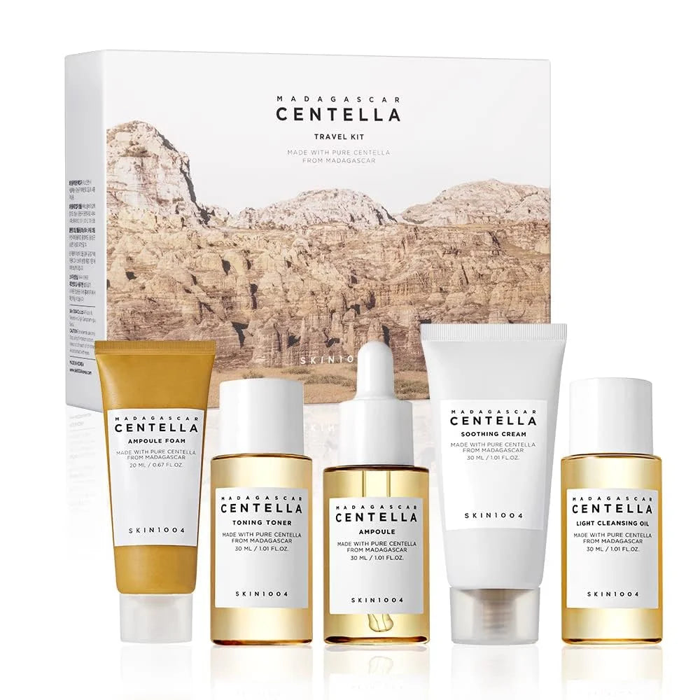 Kit Voyage SKIN1004 Madagascar Centella 5pcs - Toner Ampoule Crème Apaisante Huile Nettoyante Mousse K-Beauty
