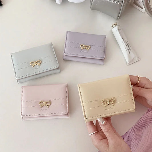 Women's Compact Pink Bow Wallet - Cute Tri-Fold Student Card Holder