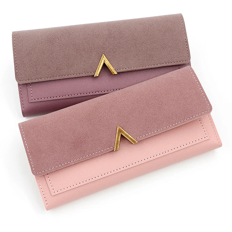 Portefeuille Femme Long Cuir PU Trifold Rose - Porte-Carte Multi-Emplacements Clutch Bag Fashion Simple