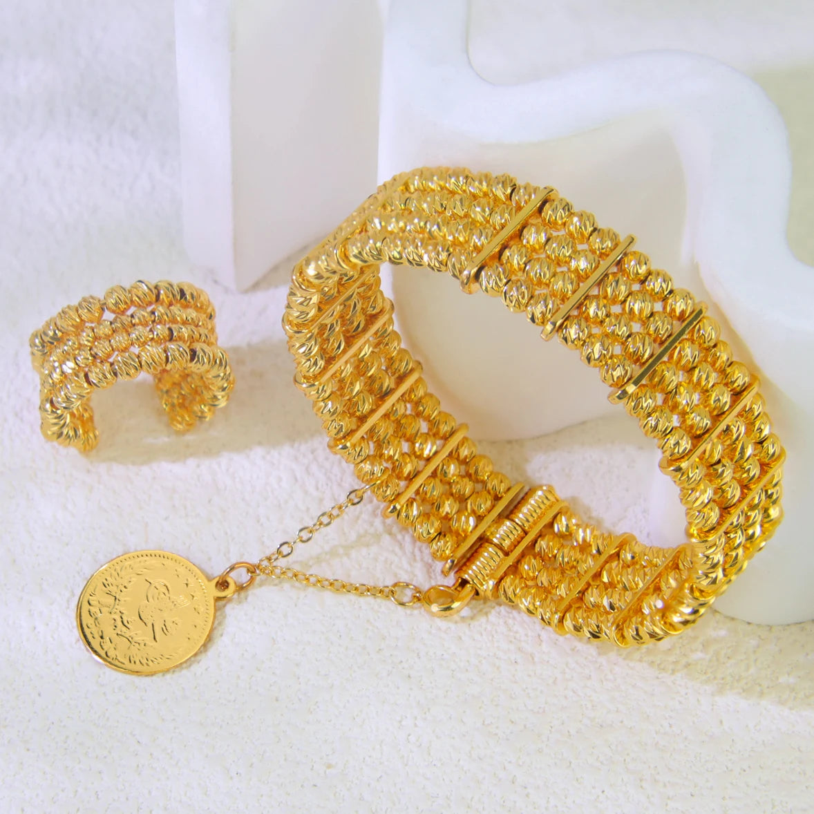 Ensemble Bracelet Bague Perles Dubai Mariage Plaqué Or 24K Luxe – Bangles Ajustables Mariée Arabe Femme