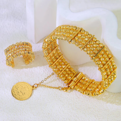 Ensemble Bracelet Bague Perles Dubai Mariage Plaqué Or 24K Luxe – Bangles Ajustables Mariée Arabe Femme