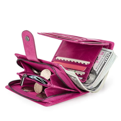 Portefeuille Femme Cuir Véritable Luxe Rose - Porte-Monnaie Compact Fermoir Hasp Porte-Carte Qualité